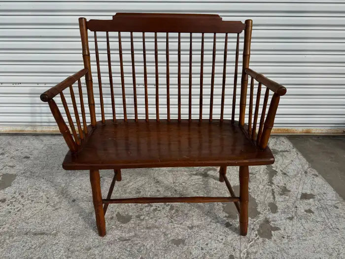 Vintage pine entryway bench with turned spindles