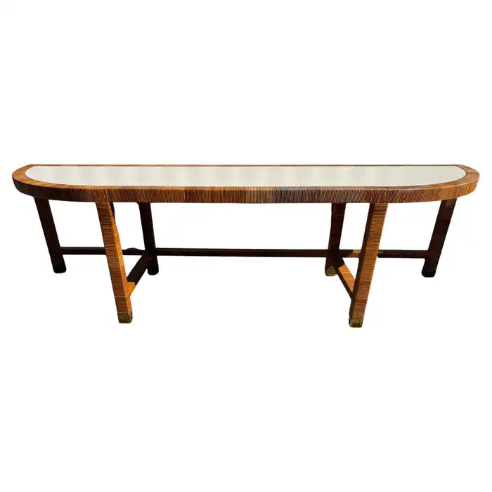 Vintage demilune console table with rattan and brass details