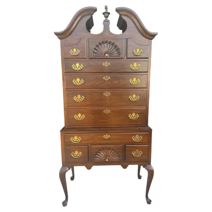 Vintage Drexel walnut highboy dresser with multiple drawers