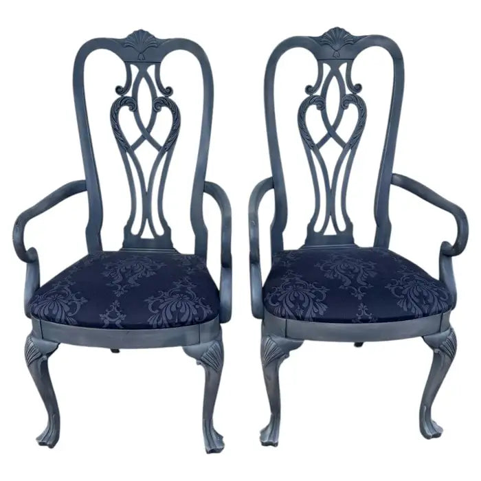 Vintage gray painted armchairs pair with carved wood frame