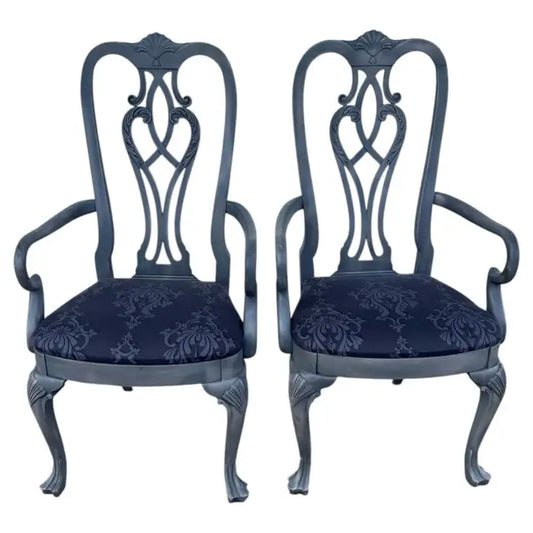 Vintage gray painted armchairs pair with carved wood frame