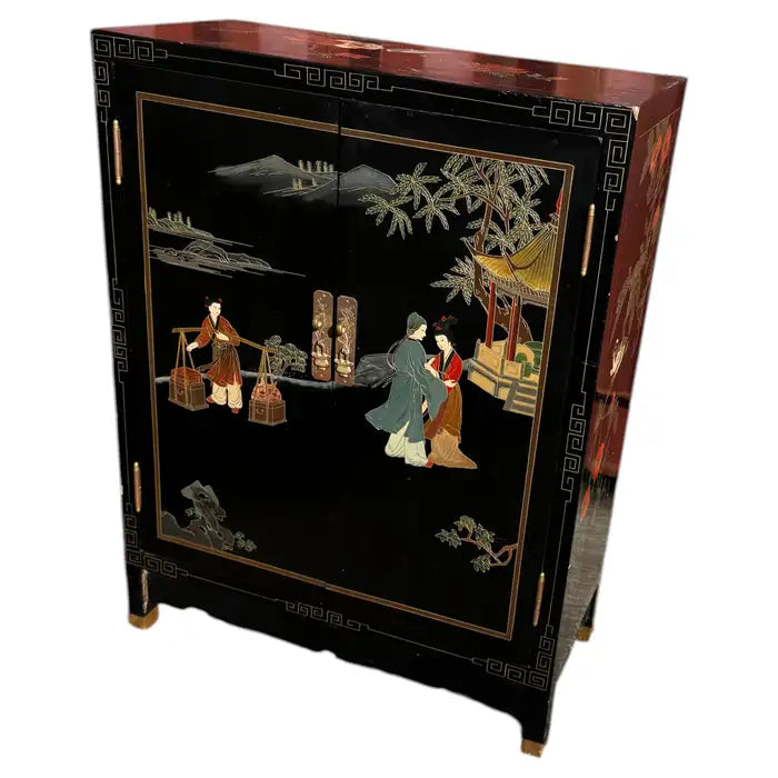 Hand painted Asian style accent cabinet in black lacquer