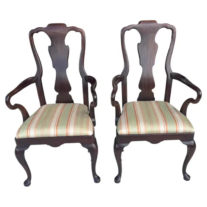 Vintage Henredon carved wood upholstered armchairs pair