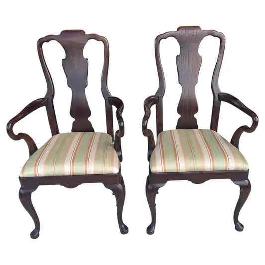 Vintage Henredon carved wood upholstered armchairs pair
