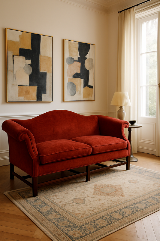 Vintage Hickory Chippendale Sofa with red velvet upholstery and high camelback design.