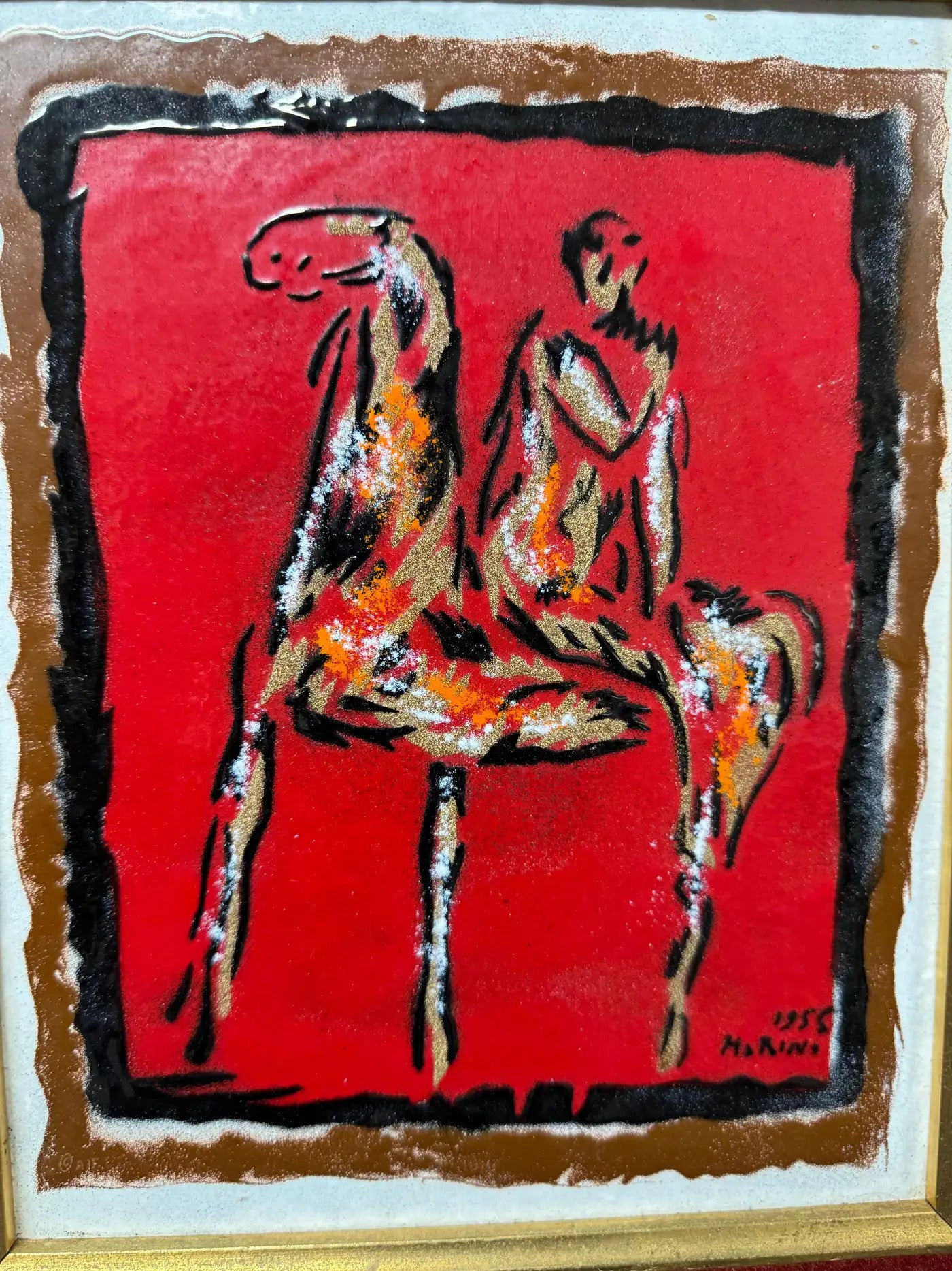 Vintage Italian art copper plate, bold red equestrian figure