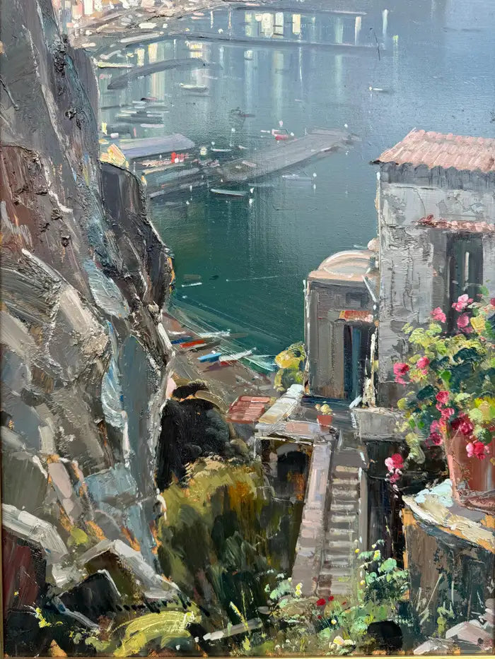 Original oil on canvas Mediterranean coastline artwork