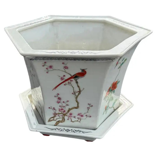 Vintage Japanese ceramic planter with matching tray