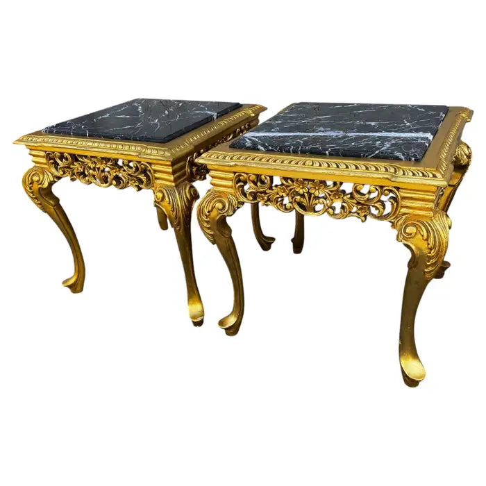 Vintage marble top end tables pair with gilt wood base living room decor