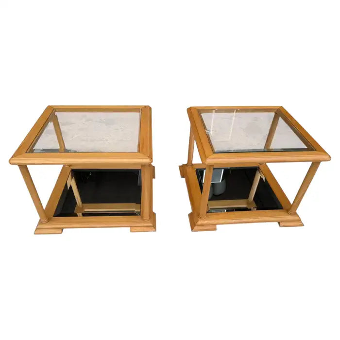Vintage marble top end tables with carved wood details