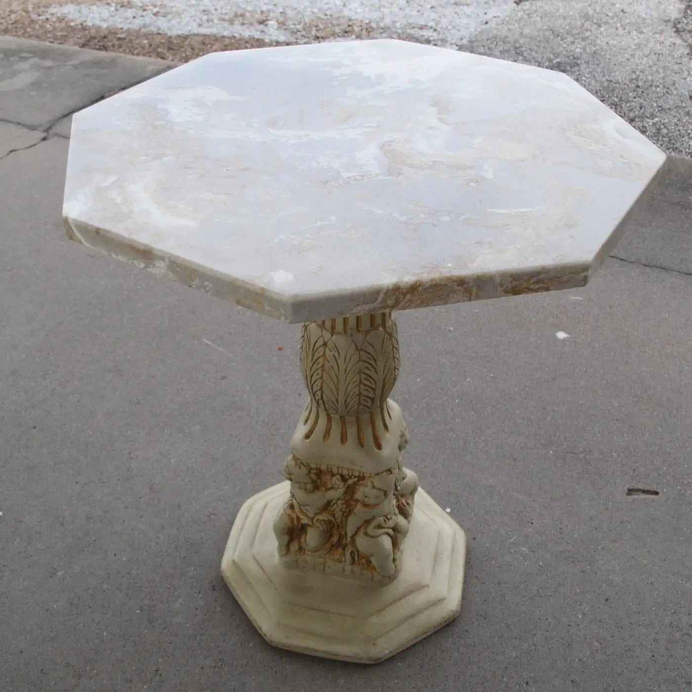 White stone top accent table carved pedestal