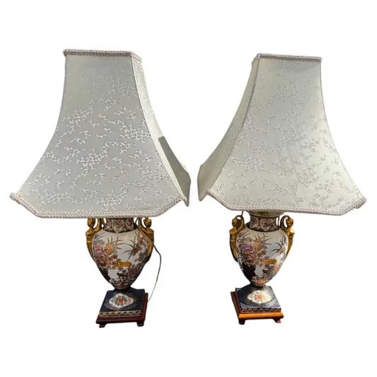 Vintage porcelain table lamps pair with gold accents wood base decor