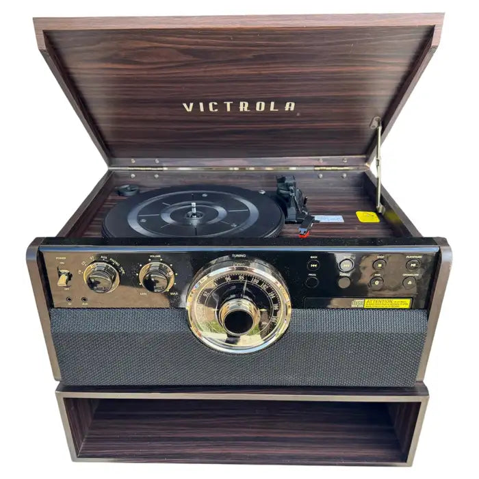Vintage record player cabinet media console with wood storage