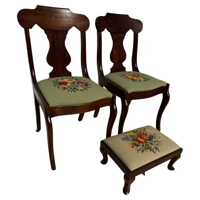 Vintage Regency needlepoint upholstered chairs pair