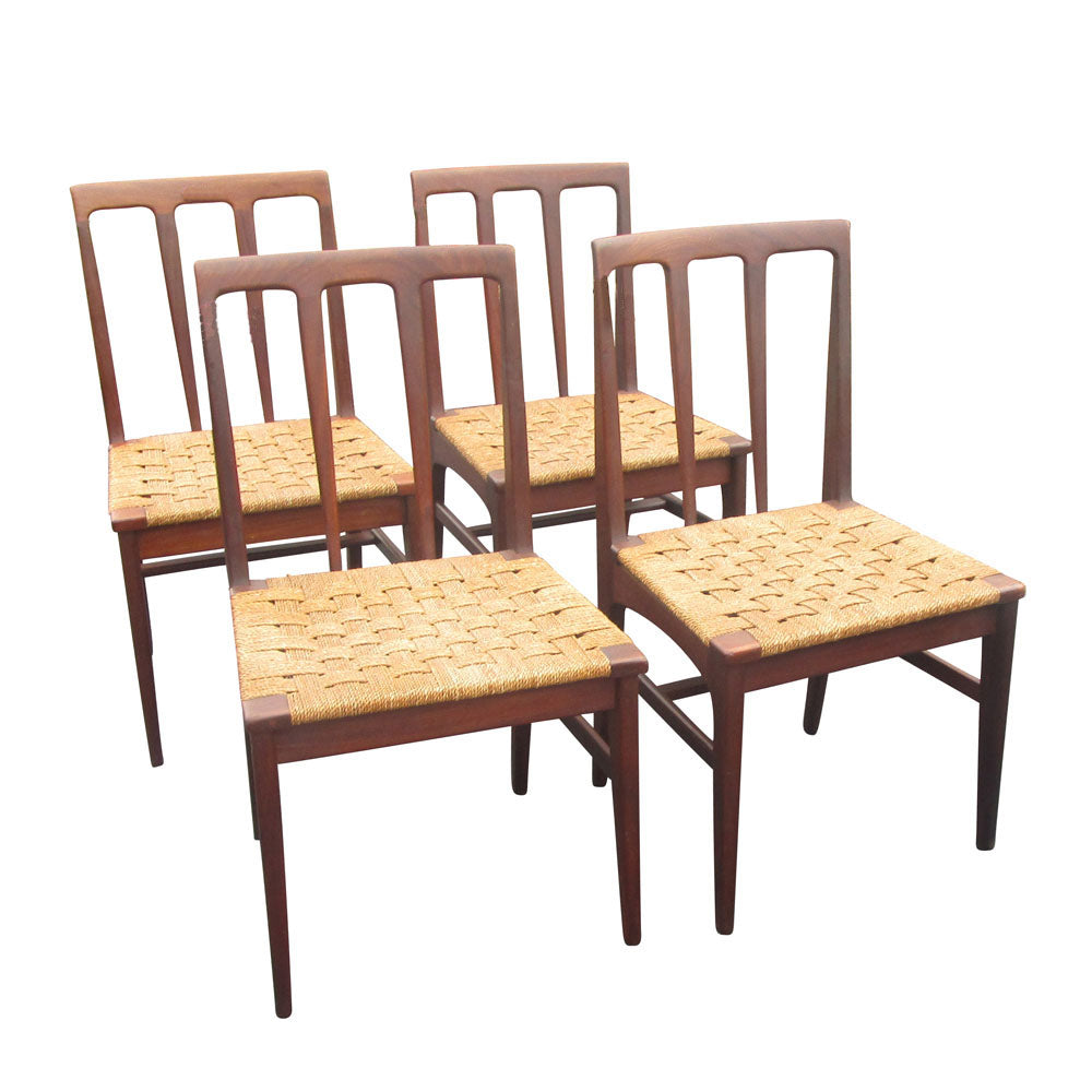 Vintage woven rope seat teak dining chairs