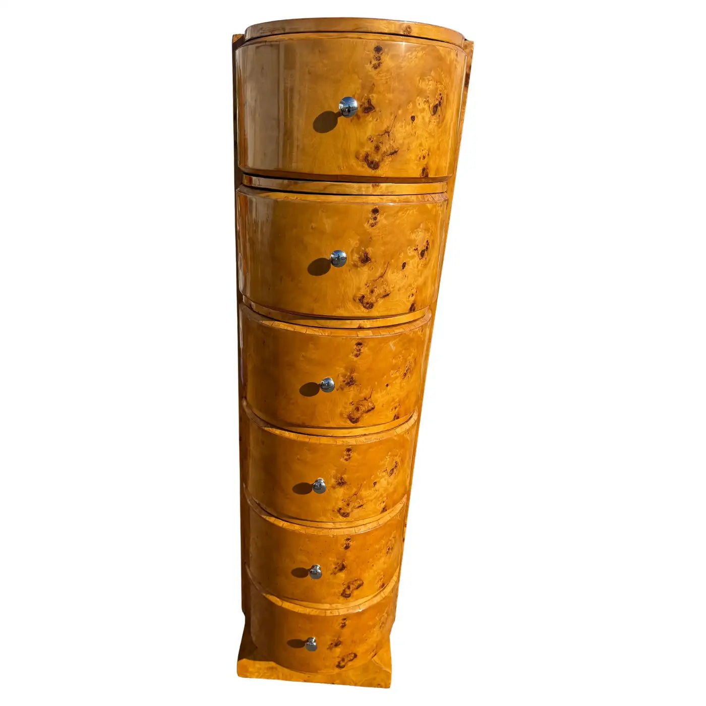 Honey tone burl wood gentleman’s chest with six deep drawers and chrome knobs