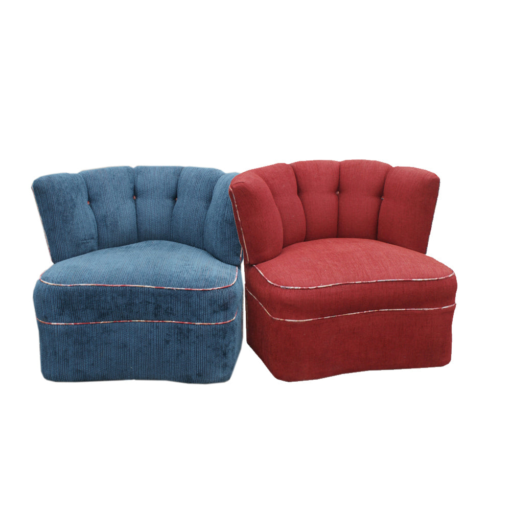 Pair of vintage swivel channel back style chairs in red and blue