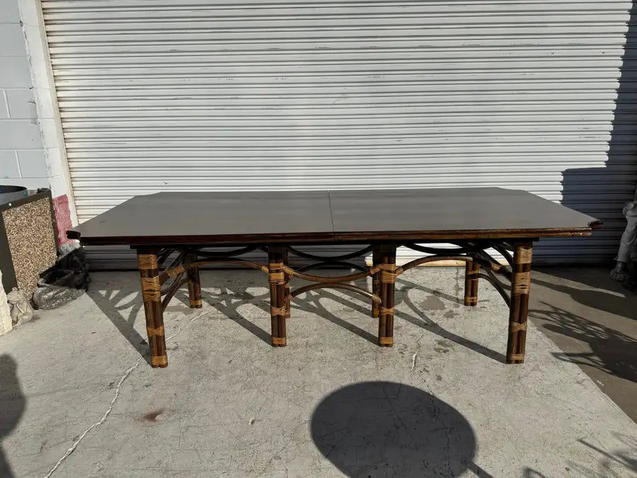 Vintage bamboo dining table with teak top and leaf extension