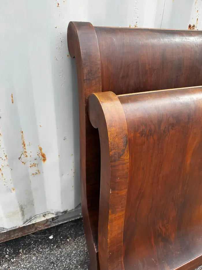 Vintage carved wood twin bed with burl veneer