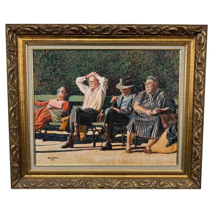 Vintage oil painting Washington Square NYC figurative scene