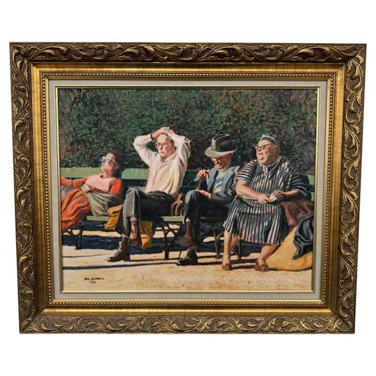 Vintage oil painting Washington Square NYC figurative scene