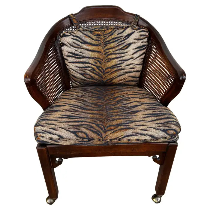 Walnut cane armchair on casters vintage chinoiserie accent chair
