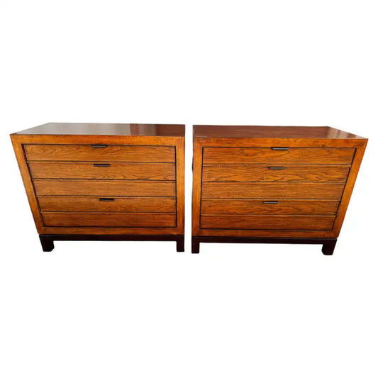 Walnut coastal three drawer nightstands pair