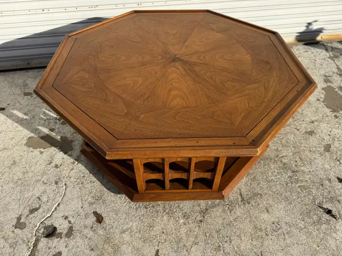 Walnut octagon coffee table showcasing natural marble patterns