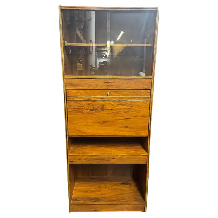 Walnut and glass lighted drop front bar cabinet
