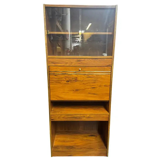 Walnut and glass lighted drop front bar cabinet