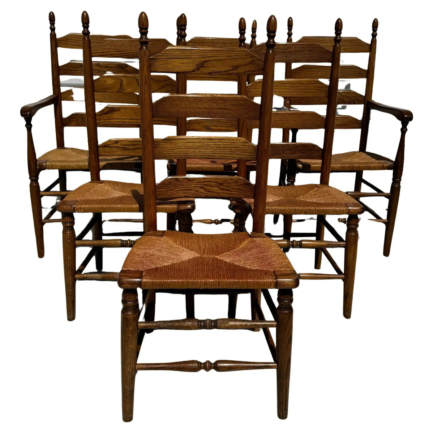 Set of 6 Vintage Walnut Ladderback Rush Seat Dining Chairs