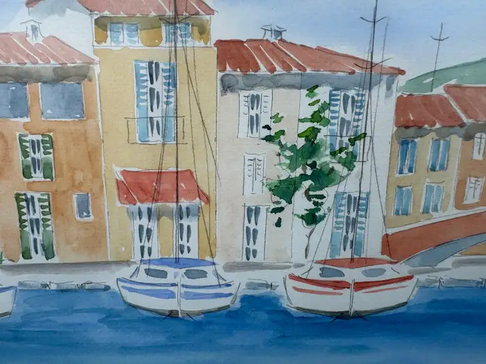 soft tone watercolor waterfront landscape painting