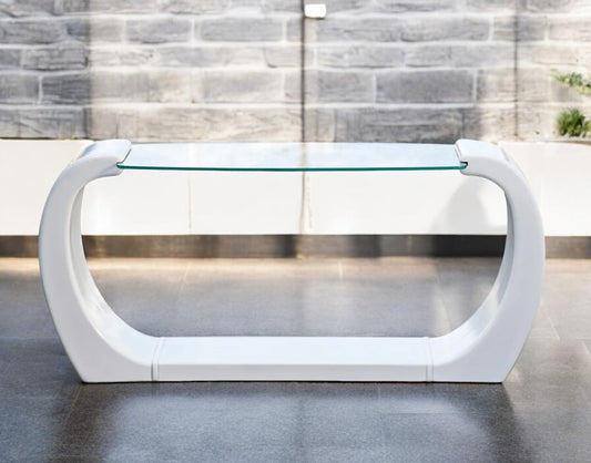 White Lacquered Scroll Glass Top Console Table