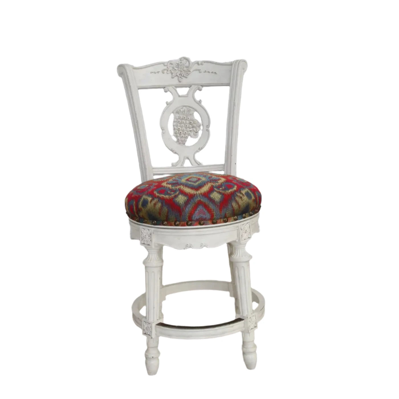 Carved swivel bar stool with colorful upholstered seat