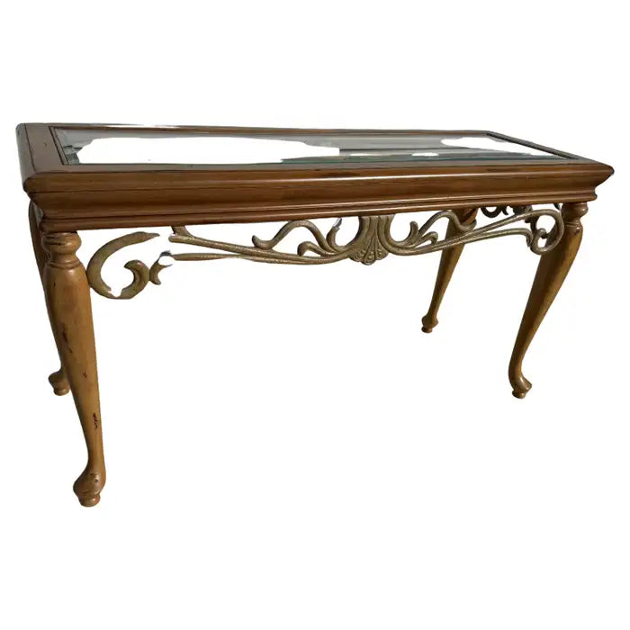 Wood and wrought iron sofa table with glass top