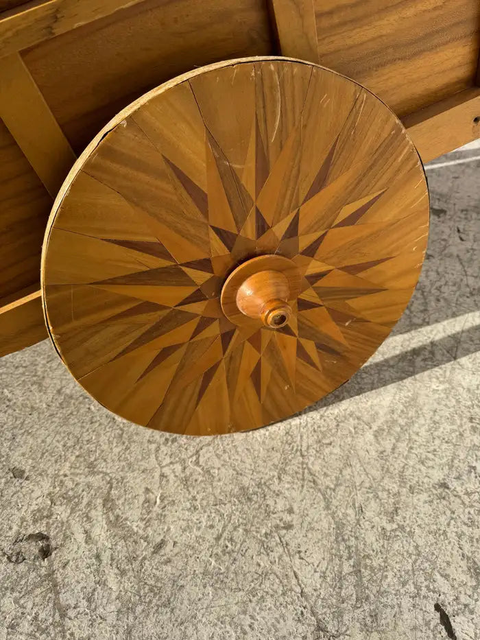 Marquetry wood bar cart close up