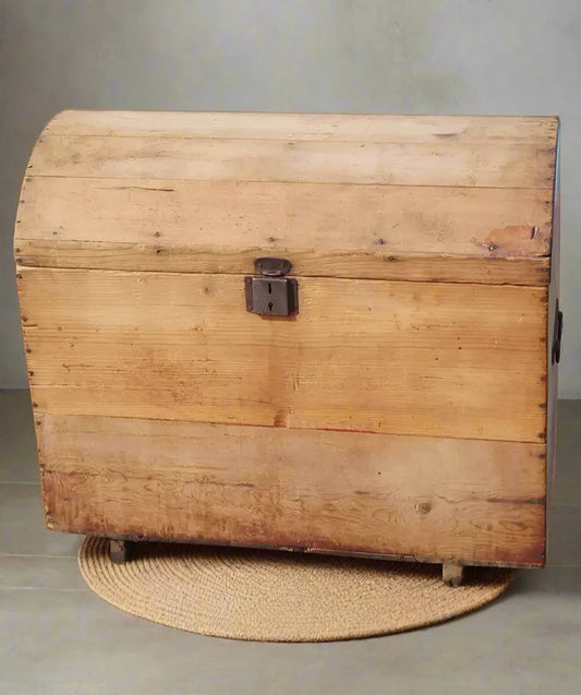 Rustic wooden Moroccan chest with carved detailing