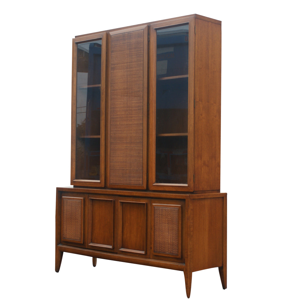 52″ x 73″ Vintage Wood Cane Glass Hutch China Cabinet (MR8759)