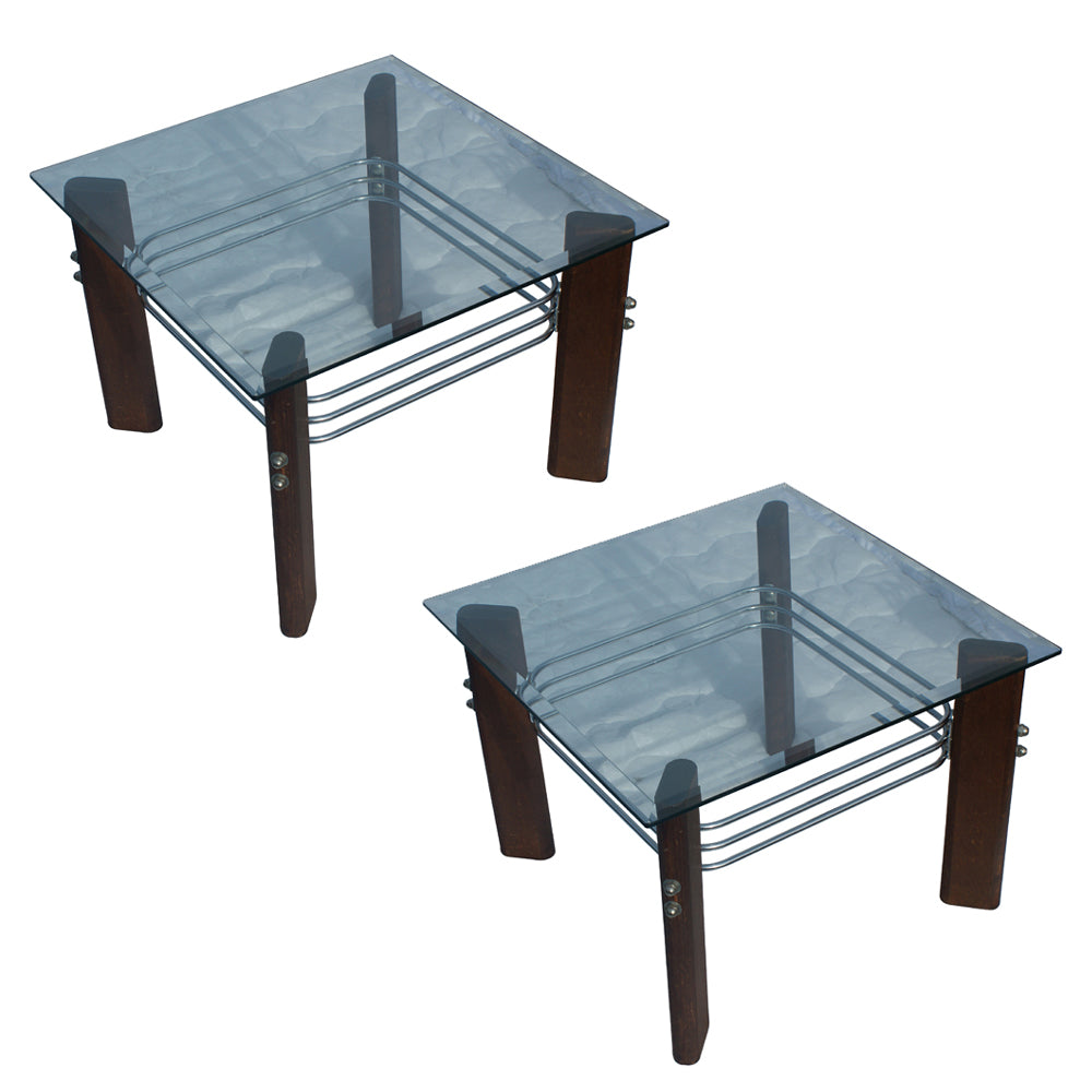 (2) Vintage Heinz Meier for Landes Glass Wood Chrome Side End Tables