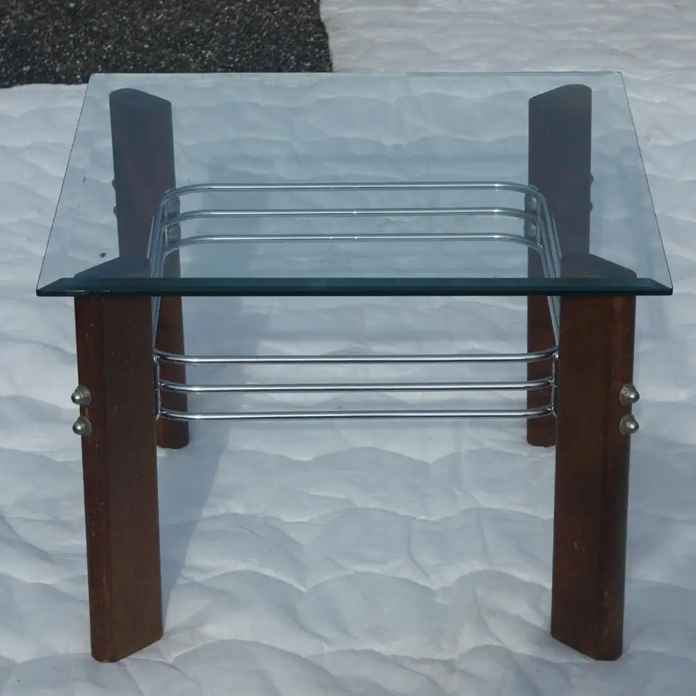 (2) Vintage Heinz Meier for Landes Glass Wood Chrome Side End Tables