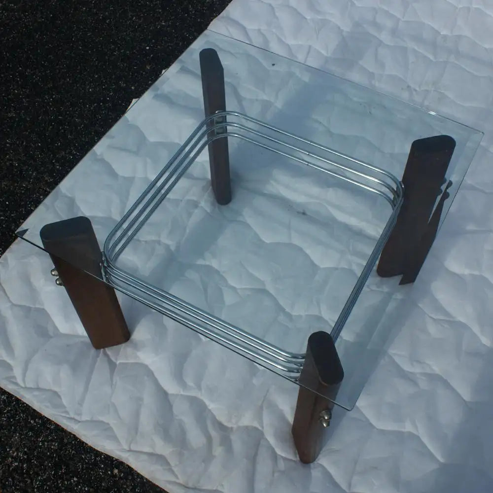 (2) Vintage Heinz Meier for Landes Glass Wood Chrome Side End Tables