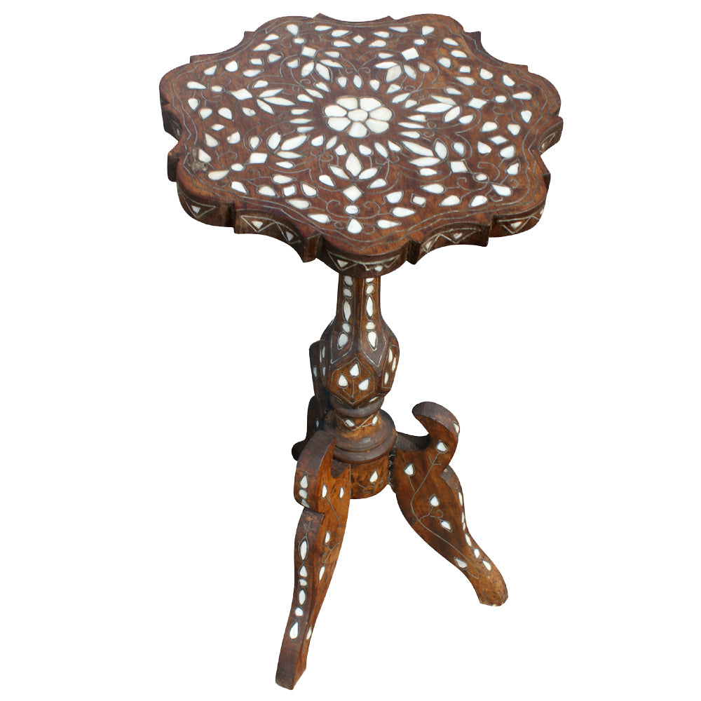 12″ Moroccan Inlaid Mother Of Pearl Wood Side Table