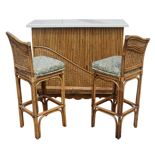 Vintage rattan granite cocktail bar with 2 stools set