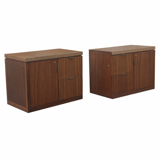 Set of 2 vintage burl walnut leather top cabinets – mid-century wood furniture from Metro Retro Furniture