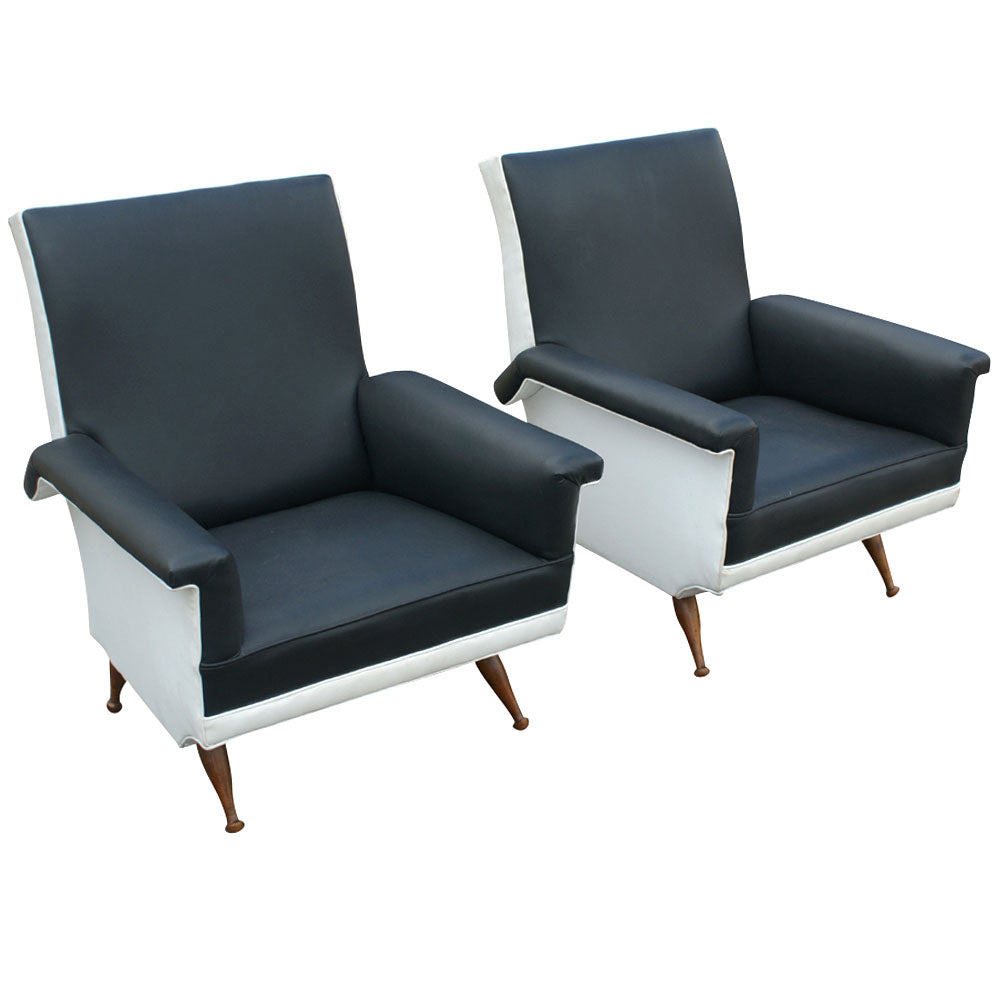 Pair Italian Vintage Black & White Arm Lounge Chairs