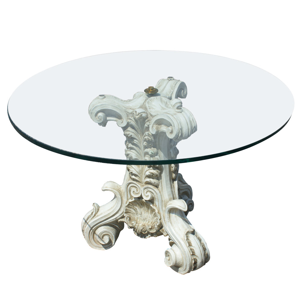 32″ Mid Century Coffee Table with Carved Ornate Base and Glass Top