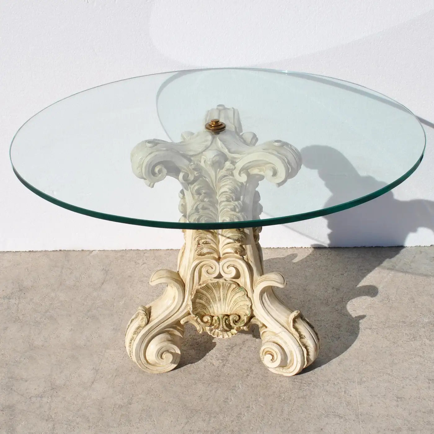 32″ Mid Century Coffee Table with Carved Ornate Base and Glass Top