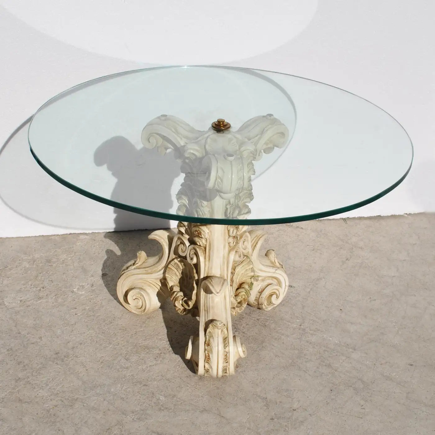 32″ Mid Century Coffee Table with Carved Ornate Base and Glass Top