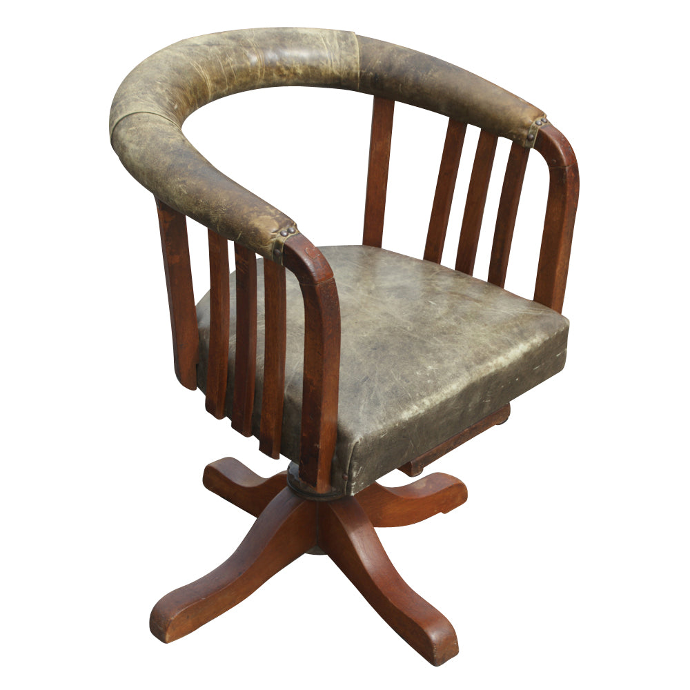 Vintage Wood Leather Swivel Desk Chair