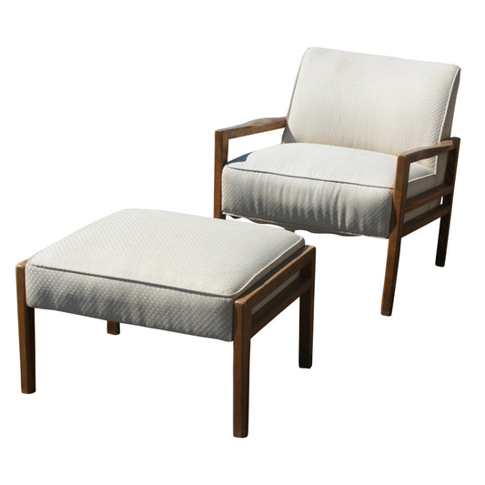 Vintage White Mid Century Lounge Chair and Ottoman